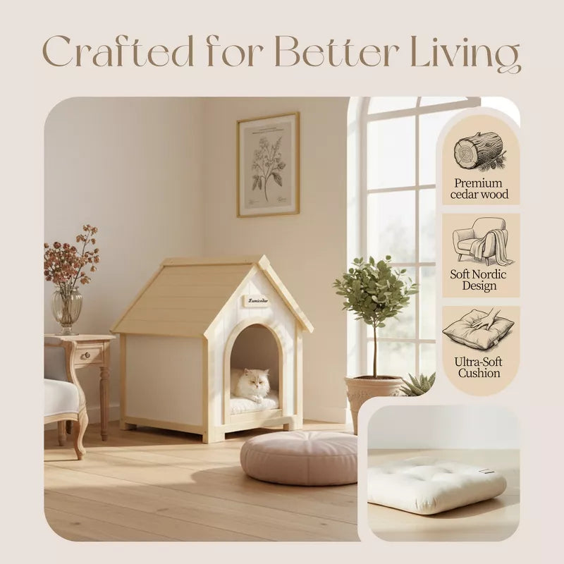 Modern Wooden Cat House with Cushion, Indoor Cedar Pet House for Small Dogs & Cats