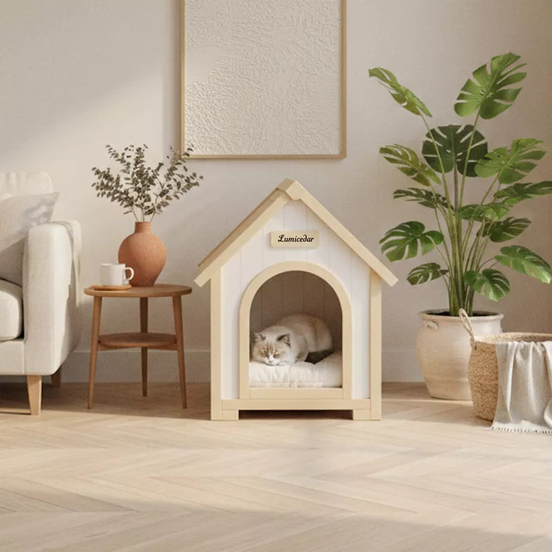Modern Wooden Cat House with Cushion, Indoor Cedar Pet House for Small Dogs & Cats