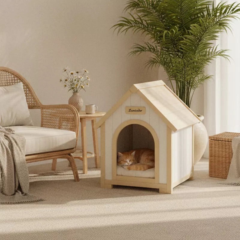 Modern Wooden Cat House with Cushion, Indoor Cedar Pet House for Small Dogs & Cats
