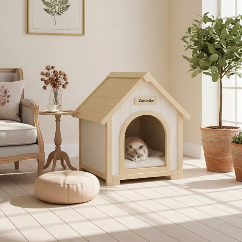 Modern Wooden Cat House with Cushion, Indoor Cedar Pet House for Small Dogs & Cats