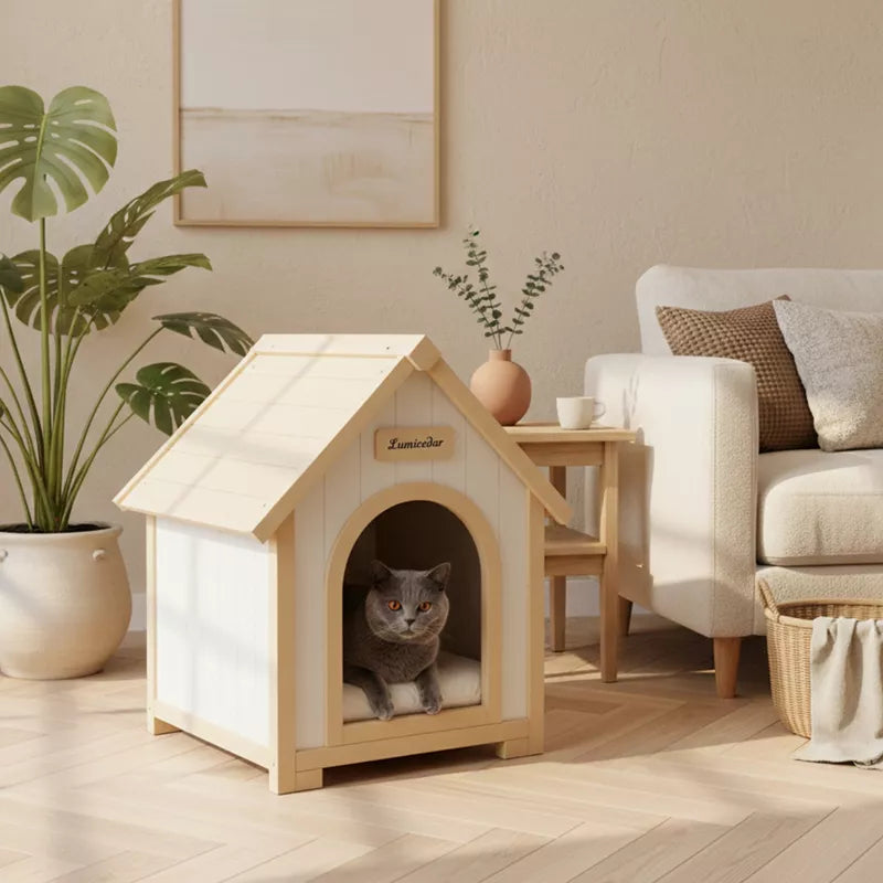 Modern Wooden Cat House with Cushion, Indoor Cedar Pet House for Small Dogs & Cats