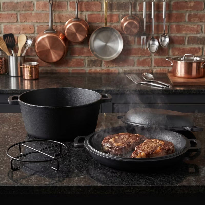 3-in-1 Cast Iron Dutch Oven with Skillet Lid