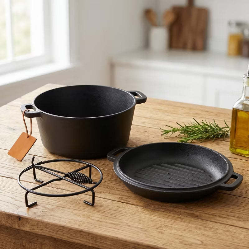 3-in-1 Cast Iron Dutch Oven with Skillet Lid