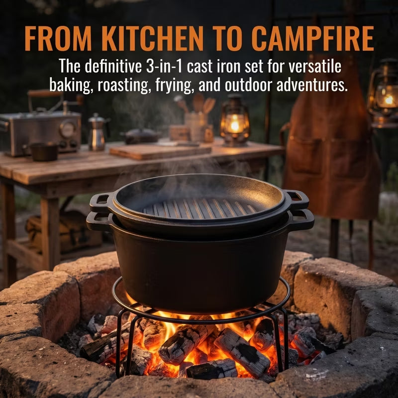 3-in-1 Cast Iron Dutch Oven with Skillet Lid