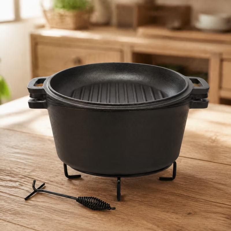 3-in-1 Cast Iron Dutch Oven with Skillet Lid