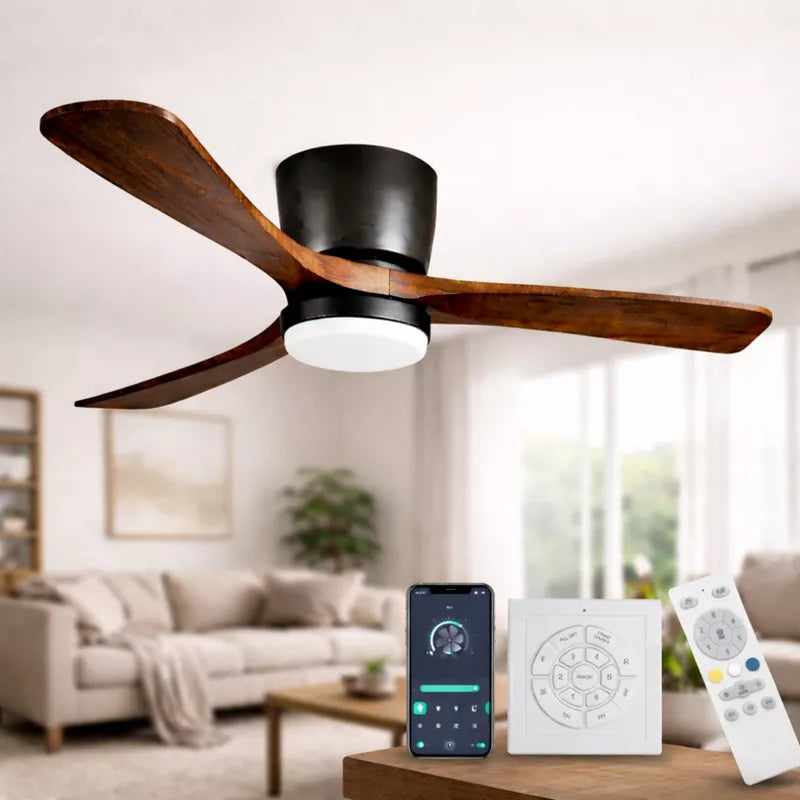 Flush Mount Ceiling Fan with Light Remote Quiet DC Motor Black Walnut