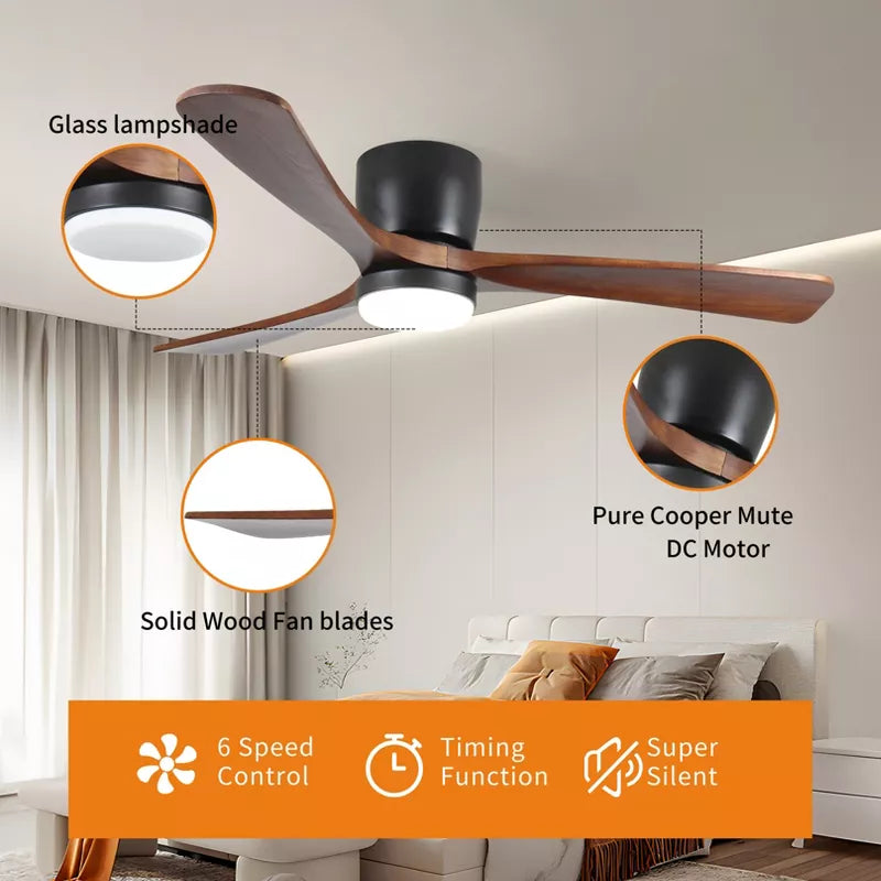 Flush Mount Ceiling Fan with Light Remote Quiet DC Motor Black Walnut