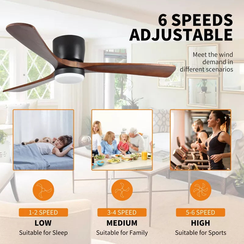 Flush Mount Ceiling Fan with Light Remote Quiet DC Motor Black Walnut