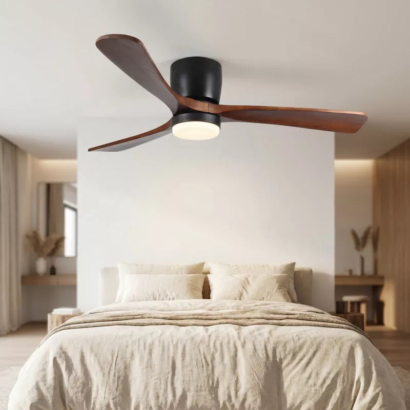 Flush Mount Ceiling Fan with Light Remote Quiet DC Motor Black Walnut