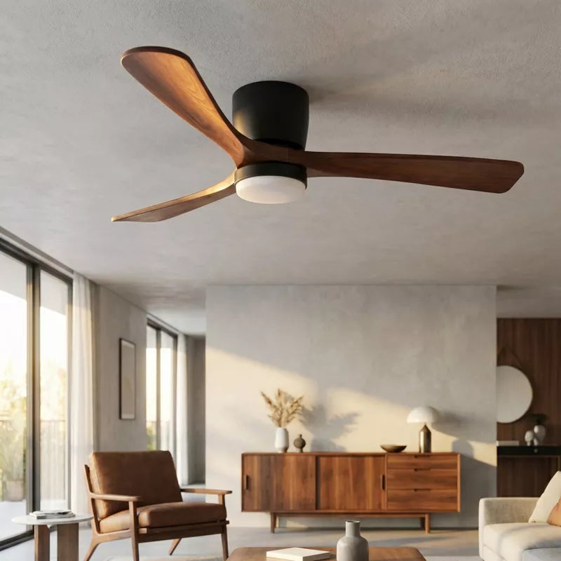 Flush Mount Ceiling Fan with Light Remote Quiet DC Motor Black Walnut