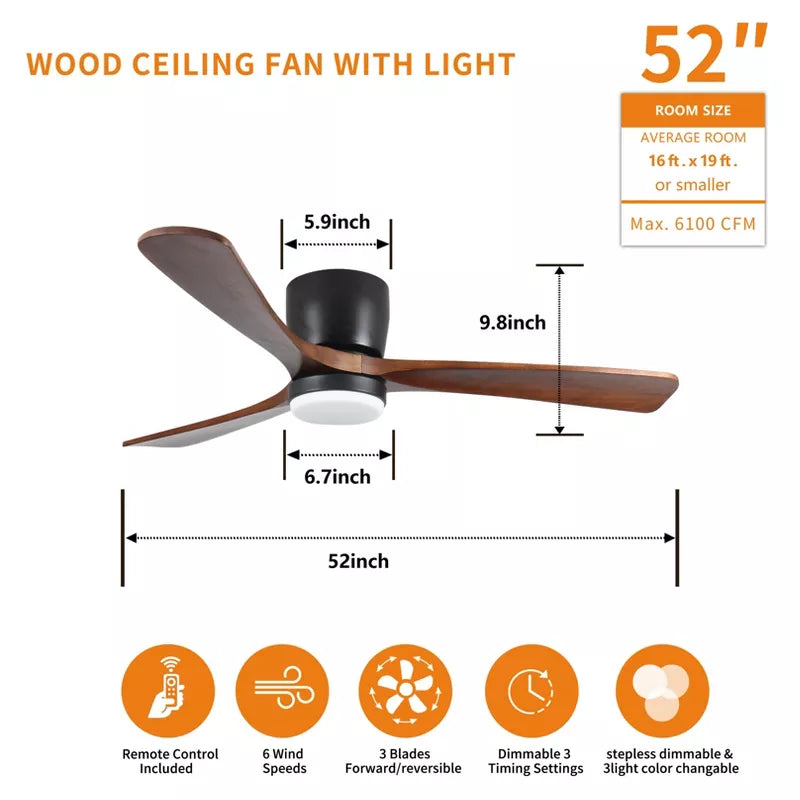 Flush Mount Ceiling Fan with Light Remote Quiet DC Motor Black Walnut