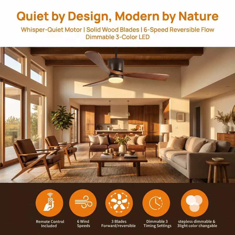 Flush Mount Ceiling Fan with Light Remote Quiet DC Motor Black Walnut