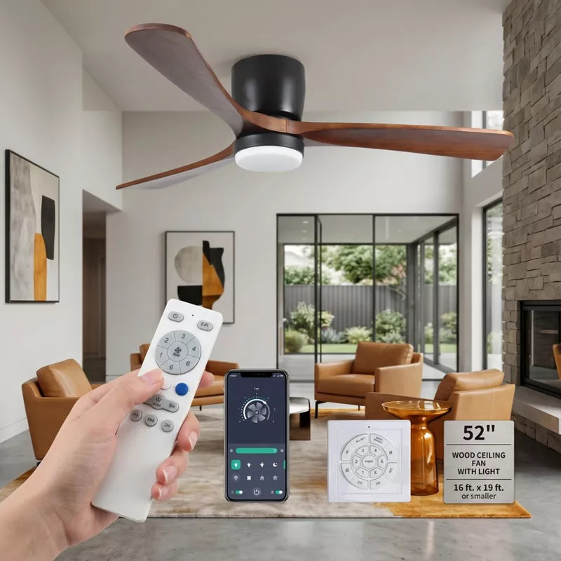 Flush Mount Ceiling Fan with Light Remote Quiet DC Motor Black Walnut