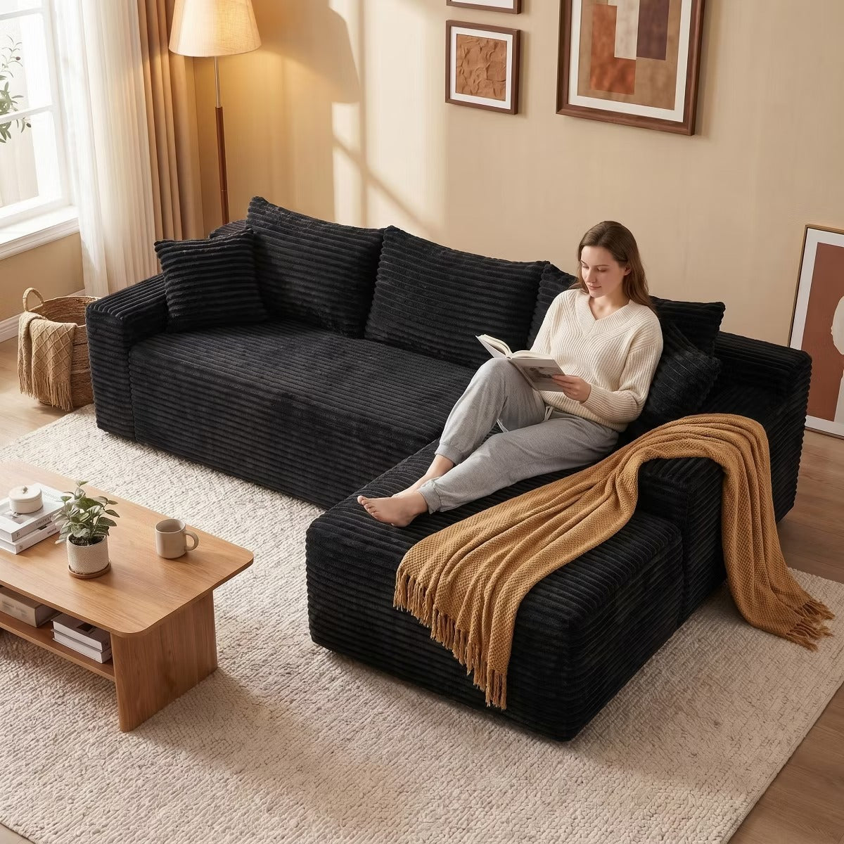 Sectional Couch with Right-Facing Chaise, 4-Seater Jumbo Corduroy