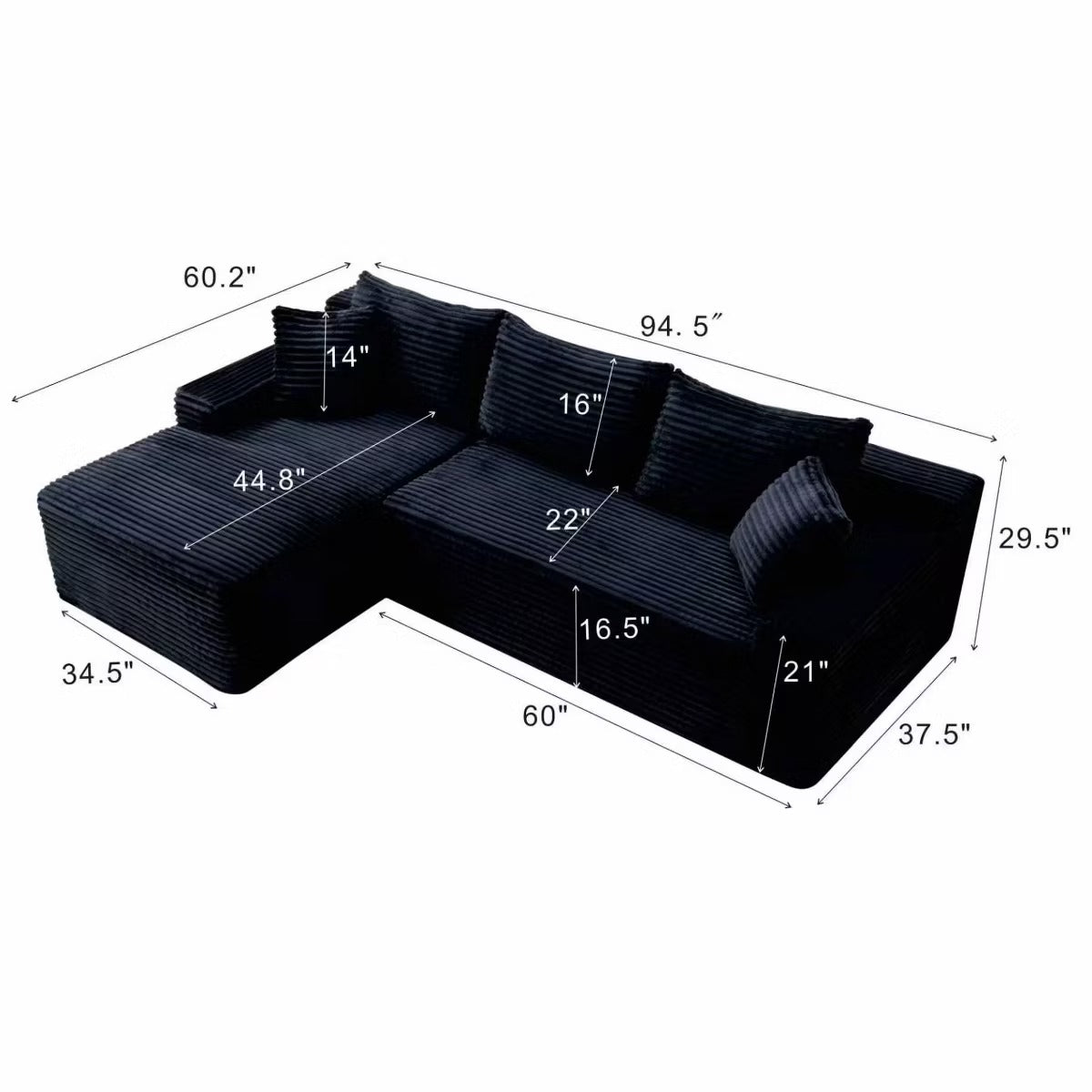 Sectional Couch with Right-Facing Chaise, 4-Seater Jumbo Corduroy