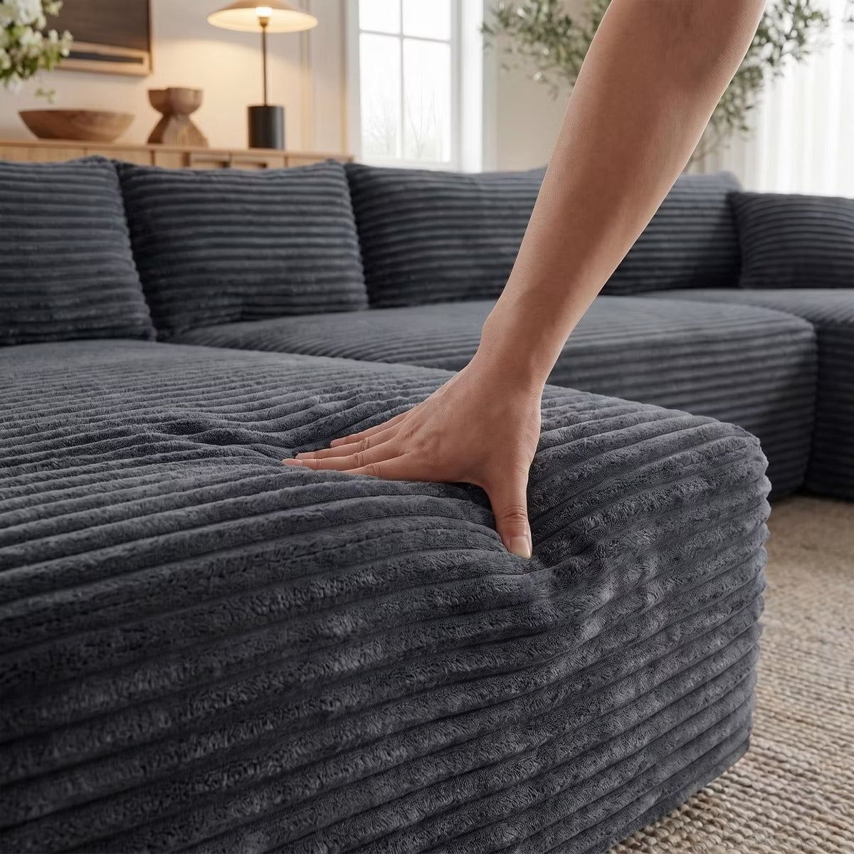 Sectional Couch with Right-Facing Chaise, 4-Seater Jumbo Corduroy