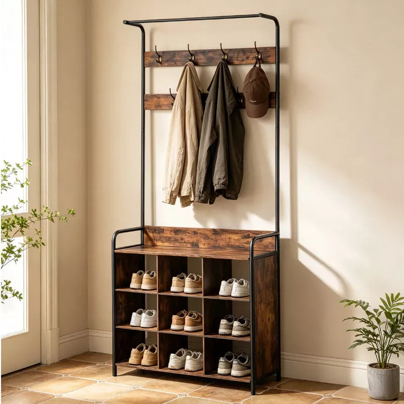 3 in 1 Coat Rack with Shoe Storage and Hanging Rod for Entryway Organization
