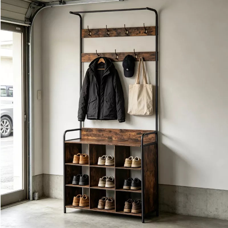 3 in 1 Coat Rack with Shoe Storage and Hanging Rod for Entryway Organization