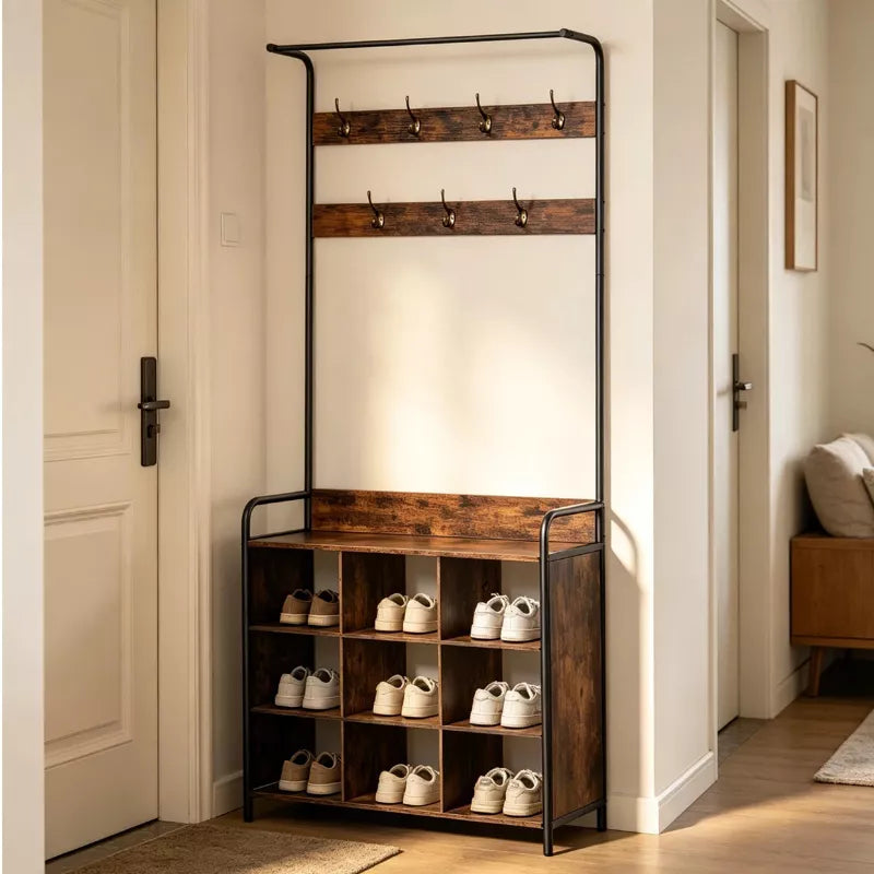 3 in 1 Coat Rack with Shoe Storage and Hanging Rod for Entryway Organization