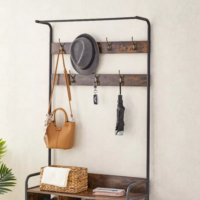 3 in 1 Coat Rack with Shoe Storage and Hanging Rod for Entryway Organization