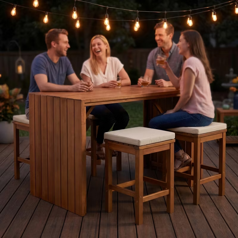 5-Piece Acacia Wood Outdoor Bar Set with Cushioned Stools – Patio Bar-Height Table for Backyard, Poolside, Balcony, Natural Wood & Beige