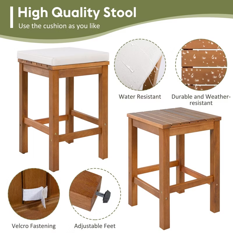 5-Piece Acacia Wood Outdoor Bar Set with Cushioned Stools – Patio Bar-Height Table for Backyard, Poolside, Balcony, Natural Wood & Beige