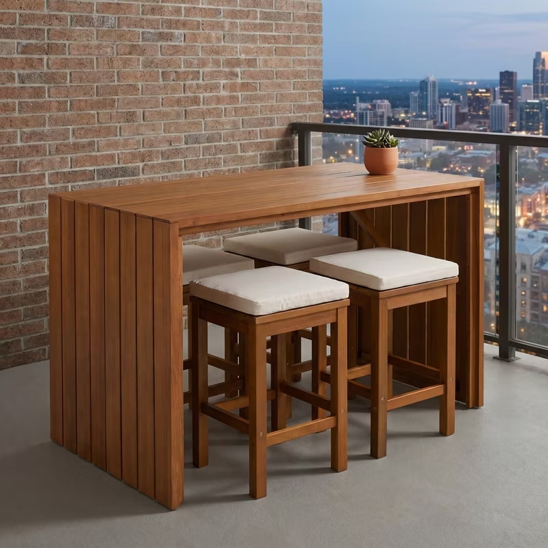 5-Piece Acacia Wood Outdoor Bar Set with Cushioned Stools – Patio Bar-Height Table for Backyard, Poolside, Balcony, Natural Wood & Beige