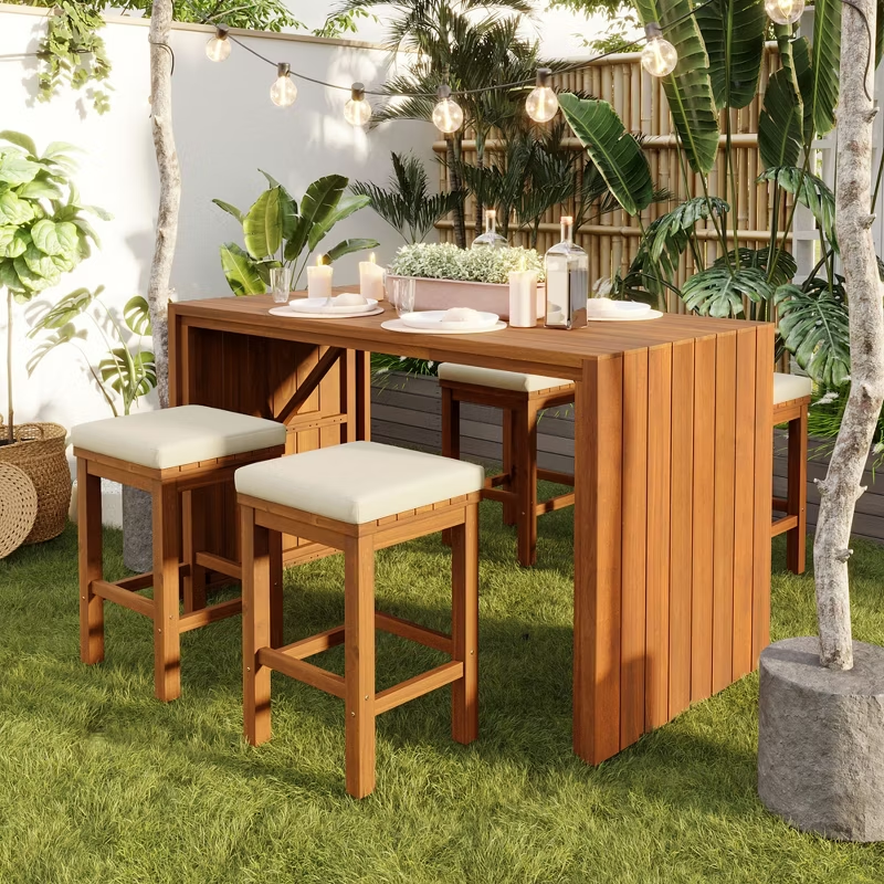 5-Piece Acacia Wood Outdoor Bar Set with Cushioned Stools – Patio Bar-Height Table for Backyard, Poolside, Balcony, Natural Wood & Beige