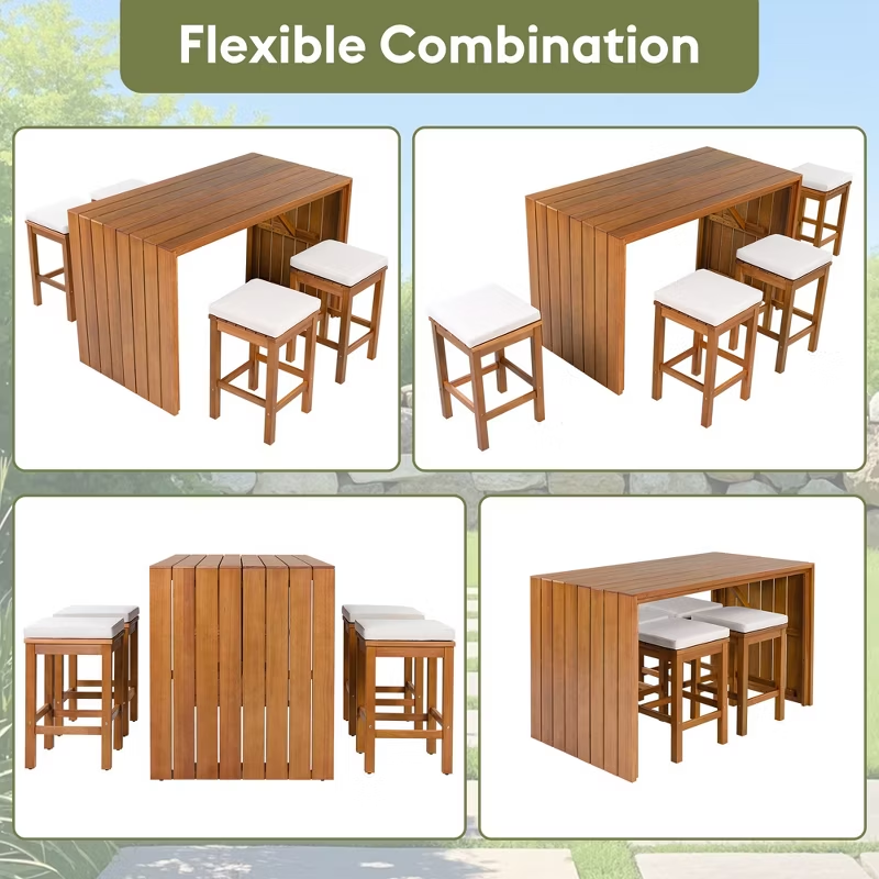 5-Piece Acacia Wood Outdoor Bar Set with Cushioned Stools – Patio Bar-Height Table for Backyard, Poolside, Balcony, Natural Wood & Beige