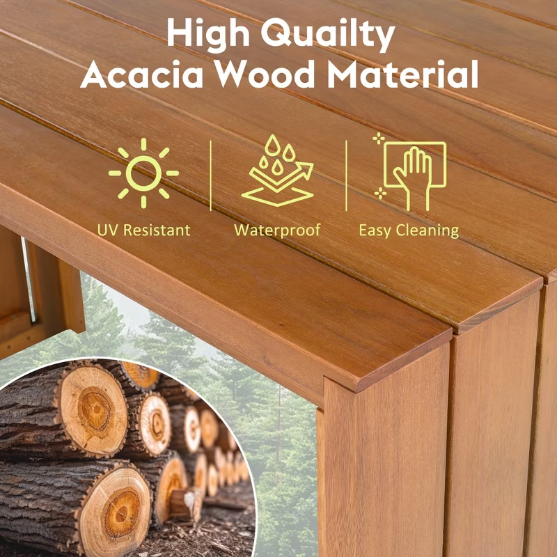 5-Piece Acacia Wood Outdoor Bar Set with Cushioned Stools – Patio Bar-Height Table for Backyard, Poolside, Balcony, Natural Wood & Beige