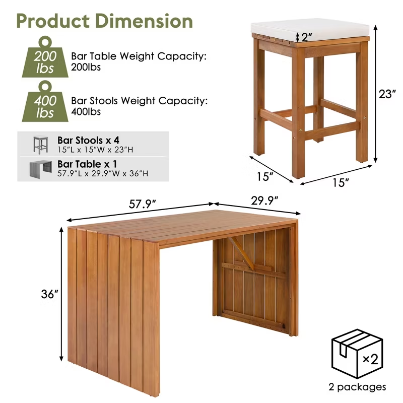 5-Piece Acacia Wood Outdoor Bar Set with Cushioned Stools – Patio Bar-Height Table for Backyard, Poolside, Balcony, Natural Wood & Beige