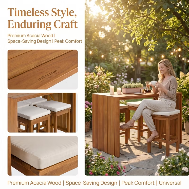 5-Piece Acacia Wood Outdoor Bar Set with Cushioned Stools – Patio Bar-Height Table for Backyard, Poolside, Balcony, Natural Wood & Beige