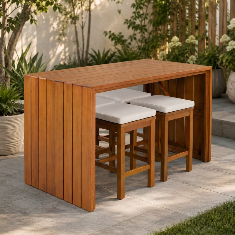 5-Piece Acacia Wood Outdoor Bar Set with Cushioned Stools – Patio Bar-Height Table for Backyard, Poolside, Balcony, Natural Wood & Beige