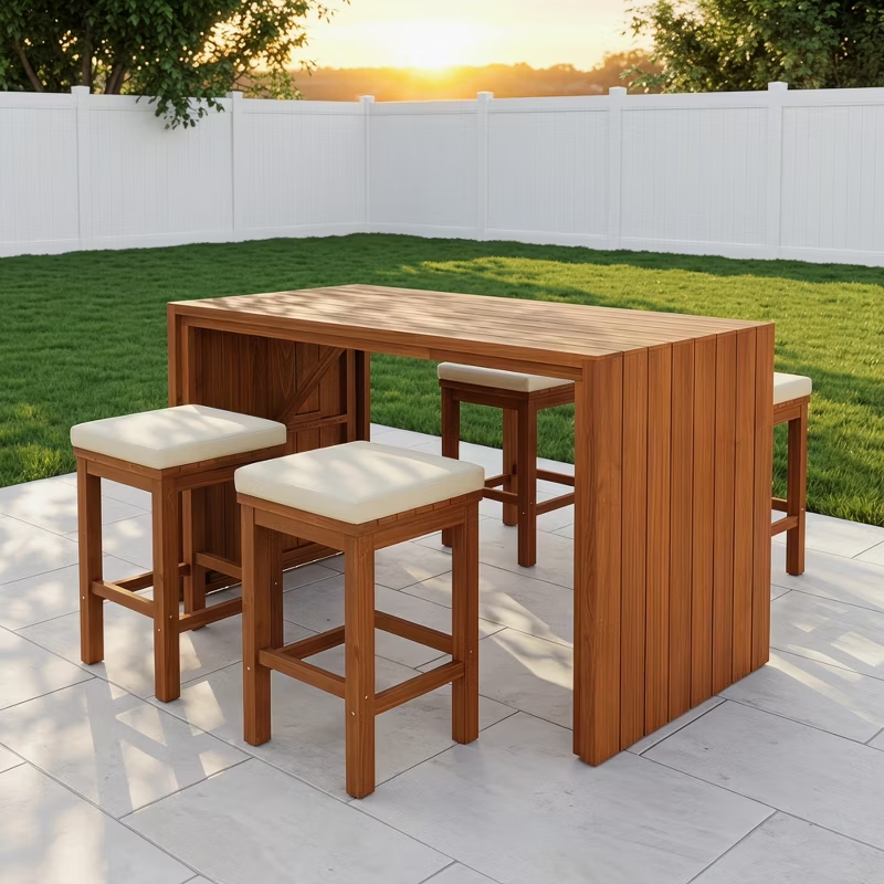 5-Piece Acacia Wood Outdoor Bar Set with Cushioned Stools – Patio Bar-Height Table for Backyard, Poolside, Balcony, Natural Wood & Beige