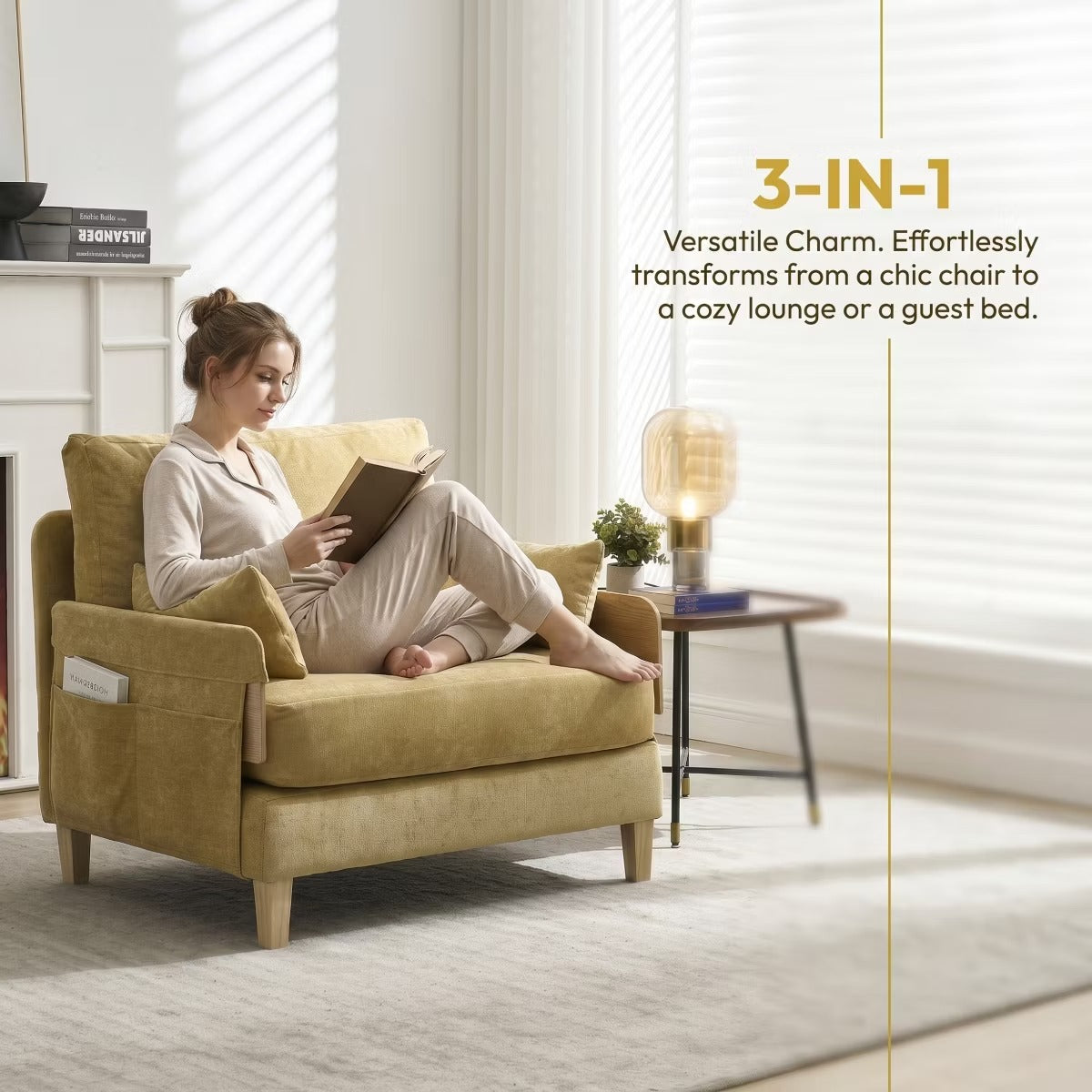Chenille Sleeper Chair Bed, 3-in-1 Convertible Sofa with Storage Pockets