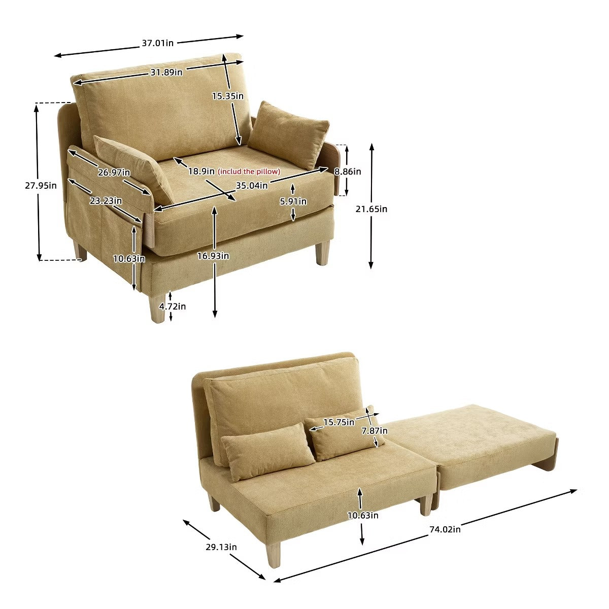 Chenille Sleeper Chair Bed, 3-in-1 Convertible Sofa with Storage Pockets
