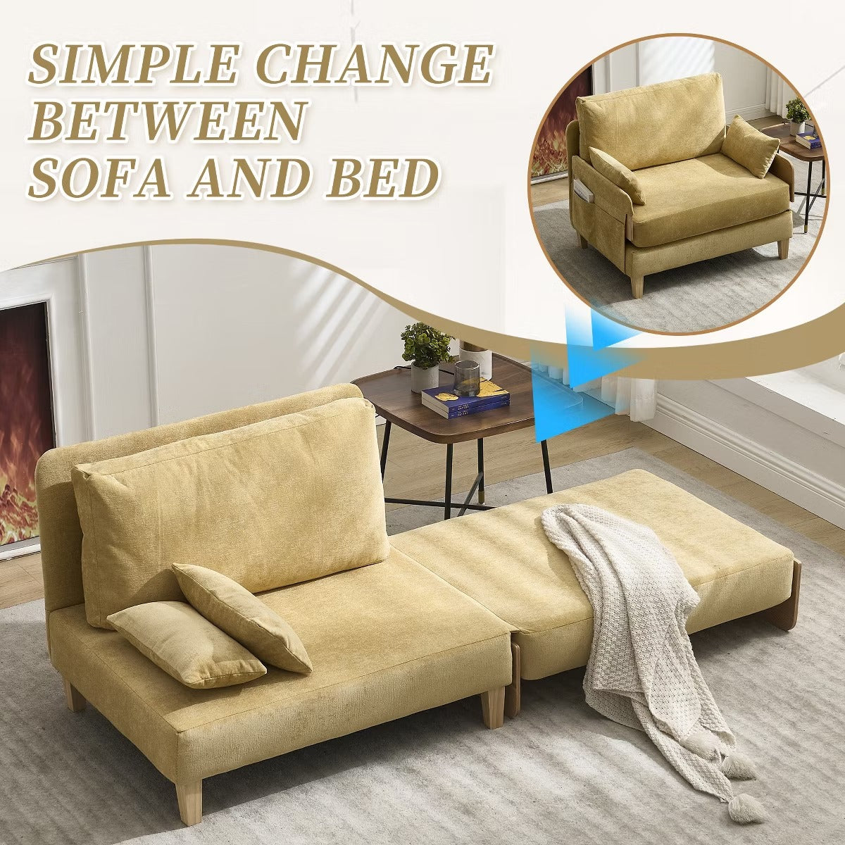 Chenille Sleeper Chair Bed, 3-in-1 Convertible Sofa with Storage Pockets