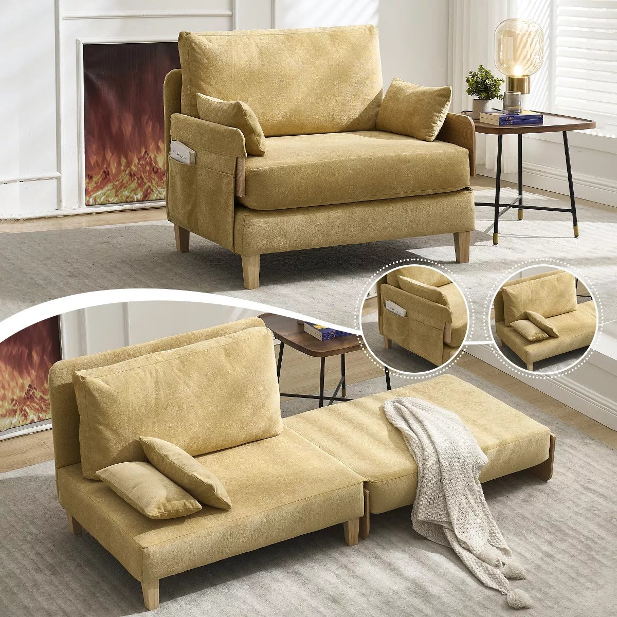Chenille Sleeper Chair Bed, 3-in-1 Convertible Sofa with Storage Pockets