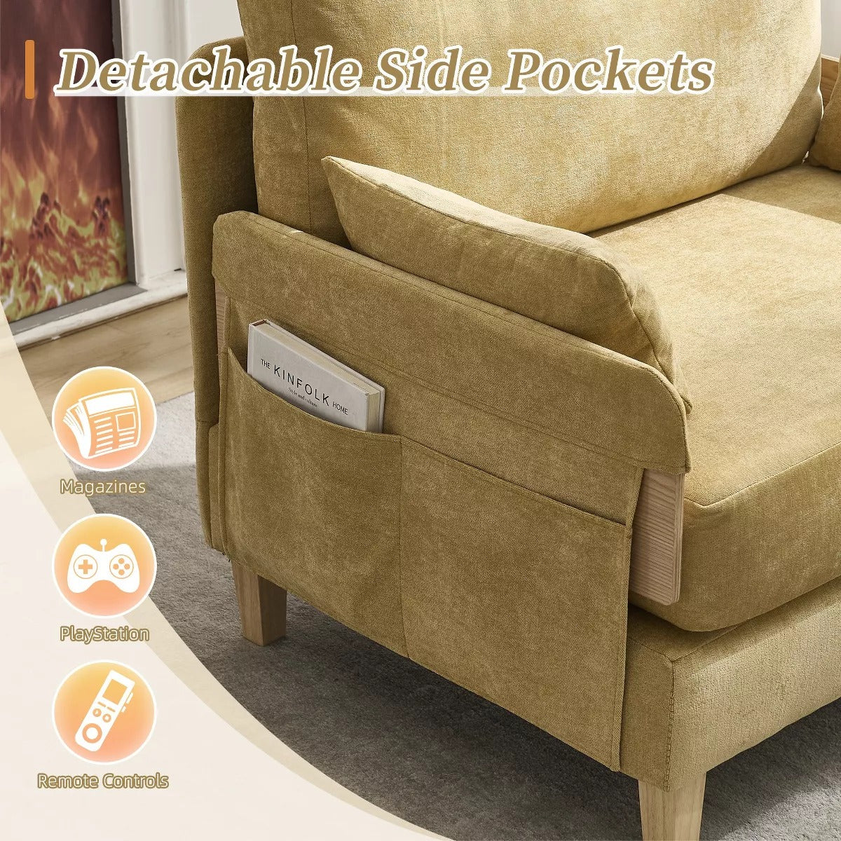 Chenille Sleeper Chair Bed, 3-in-1 Convertible Sofa with Storage Pockets