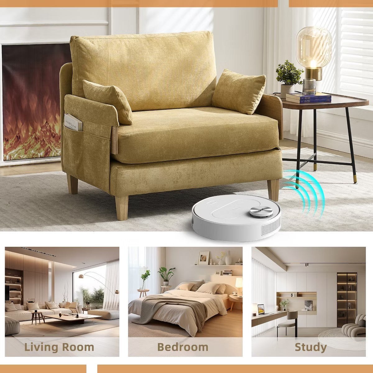 Chenille Sleeper Chair Bed, 3-in-1 Convertible Sofa with Storage Pockets