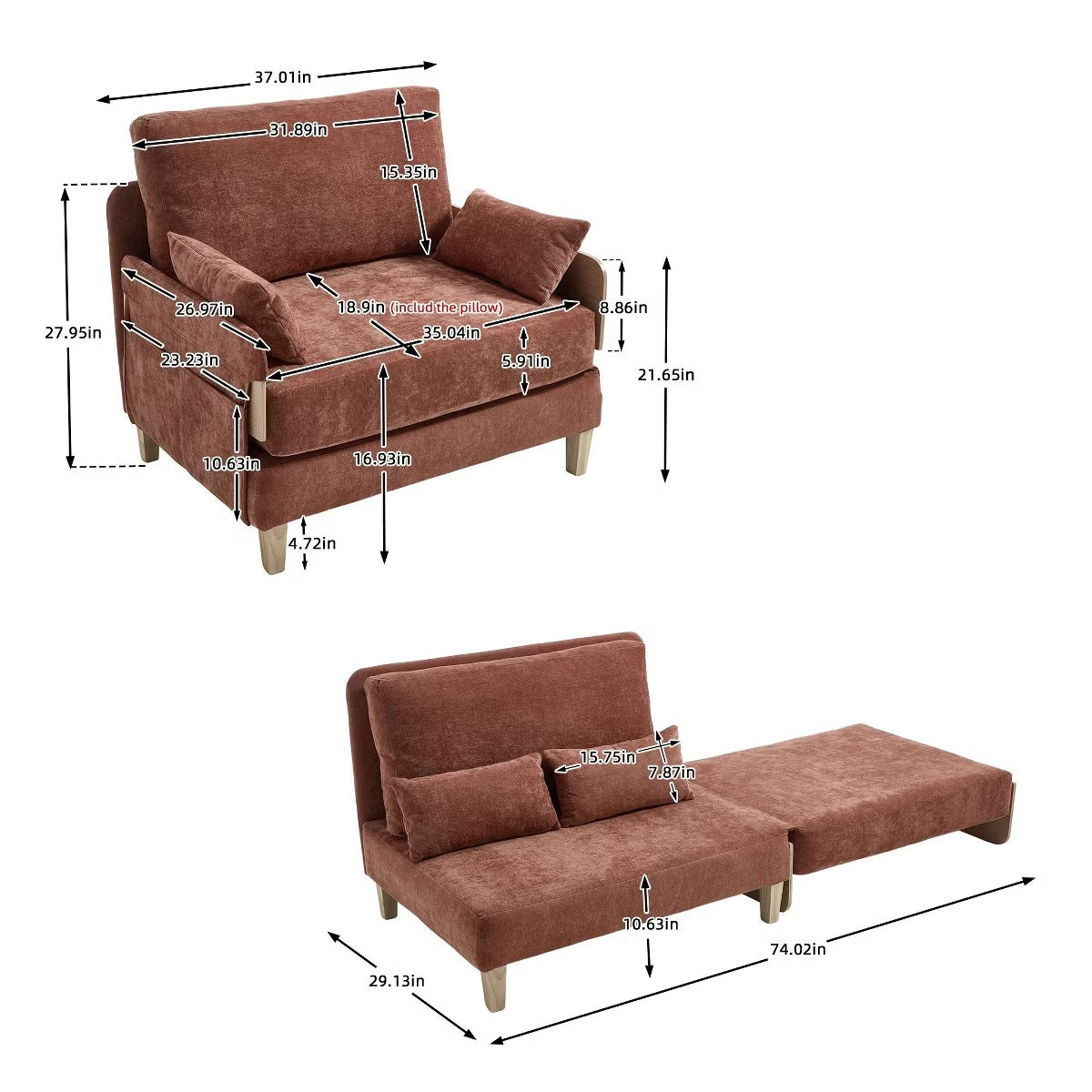 Chenille Sleeper Chair Bed, 3-in-1 Convertible Sofa with Storage Pockets