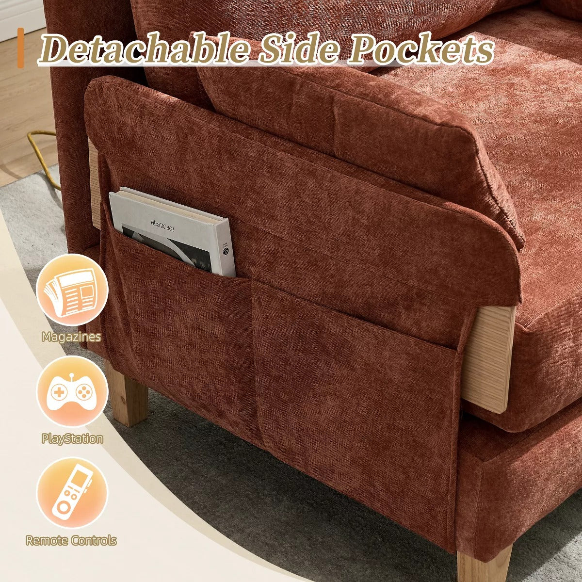 Chenille Sleeper Chair Bed, 3-in-1 Convertible Sofa with Storage Pockets