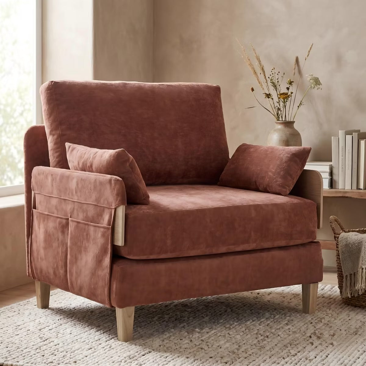Chenille Sleeper Chair Bed, 3-in-1 Convertible Sofa with Storage Pockets