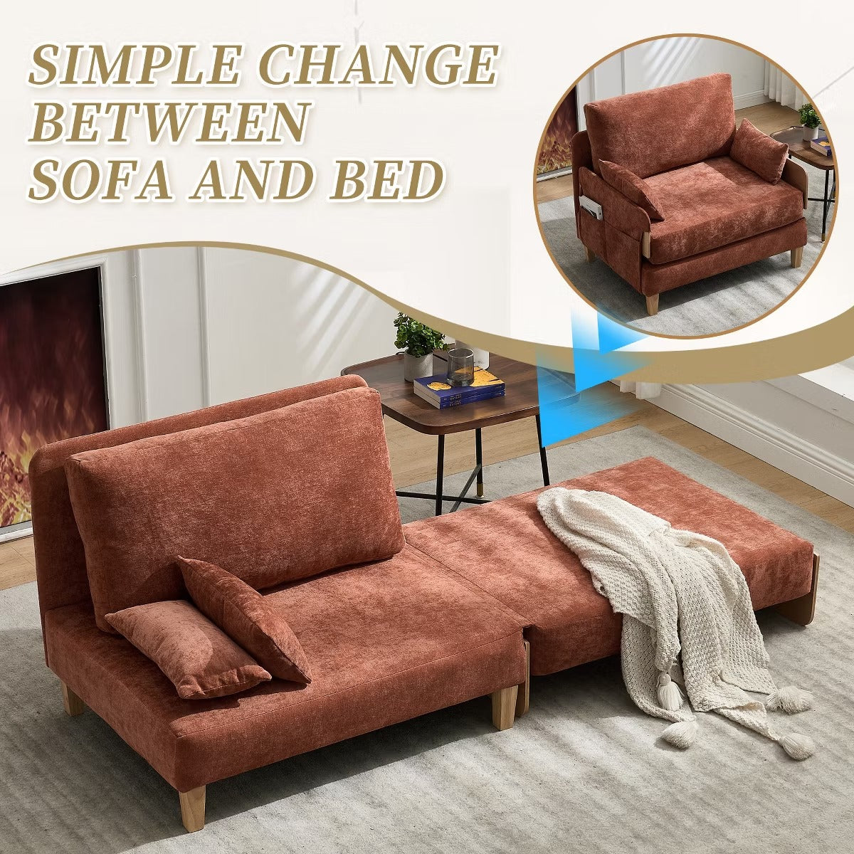 Chenille Sleeper Chair Bed, 3-in-1 Convertible Sofa with Storage Pockets