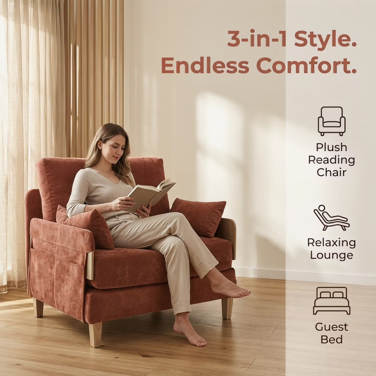 Chenille Sleeper Chair Bed, 3-in-1 Convertible Sofa with Storage Pockets