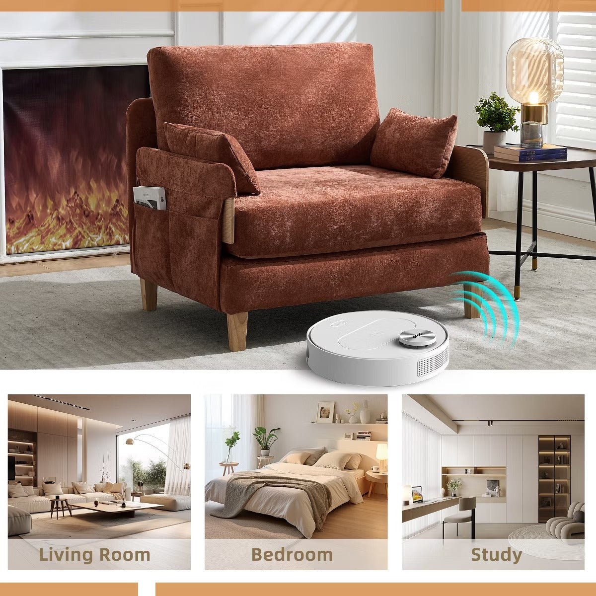 Chenille Sleeper Chair Bed, 3-in-1 Convertible Sofa with Storage Pockets