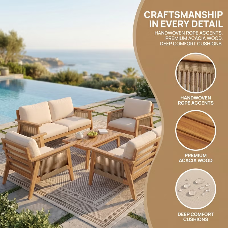 4-Piece Acacia Wood Patio Conversation Set with Rope Woven Chairs, Cushions & Coffee Table, Teak Beige