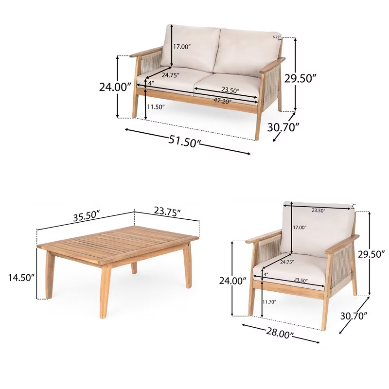 4-Piece Acacia Wood Patio Conversation Set with Rope Woven Chairs, Cushions & Coffee Table, Teak Beige