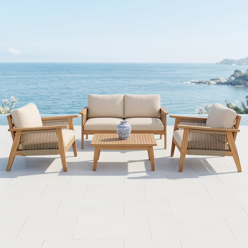4-Piece Acacia Wood Patio Conversation Set with Rope Woven Chairs, Cushions & Coffee Table, Teak Beige