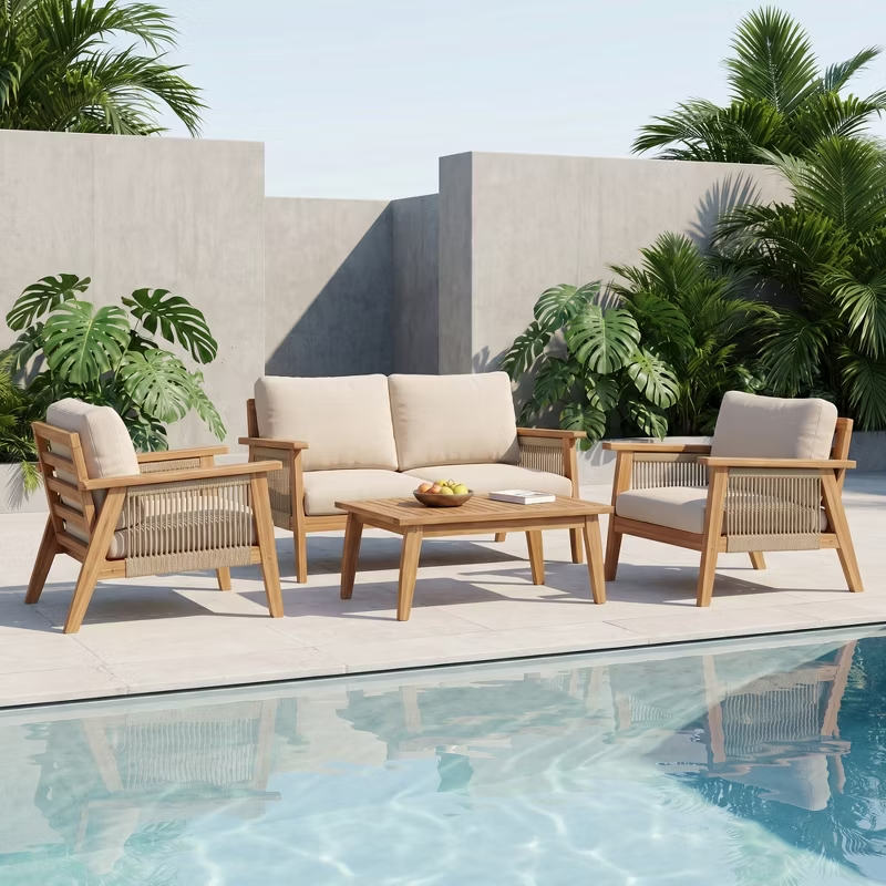 4-Piece Acacia Wood Patio Conversation Set with Rope Woven Chairs, Cushions & Coffee Table, Teak Beige